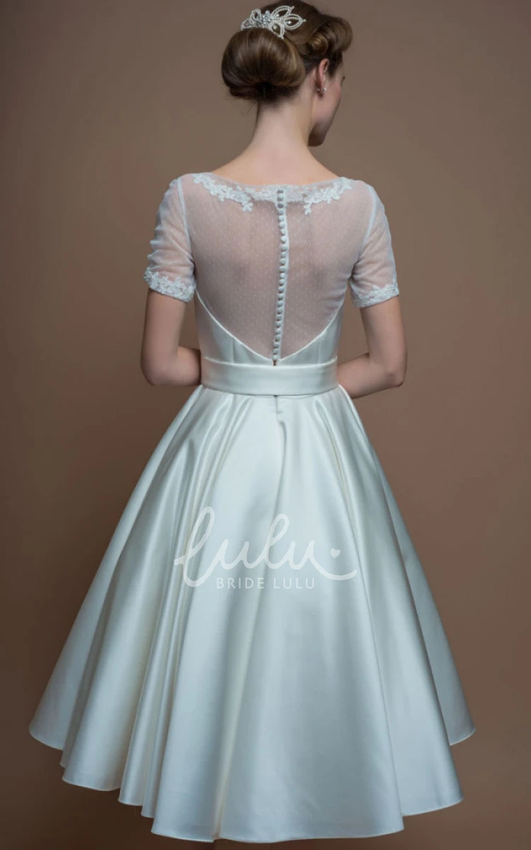 Short-Sleeve Scoop-Neck Satin A-Line Wedding Dress with Illusion and Tea-Length