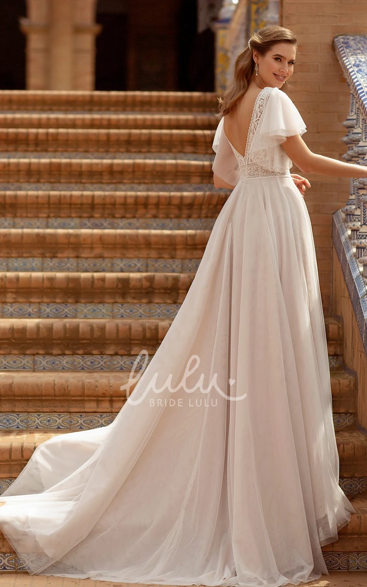 Lace Tulle A-Line V-neck Wedding Dress with Court Train Illusion Sleeve