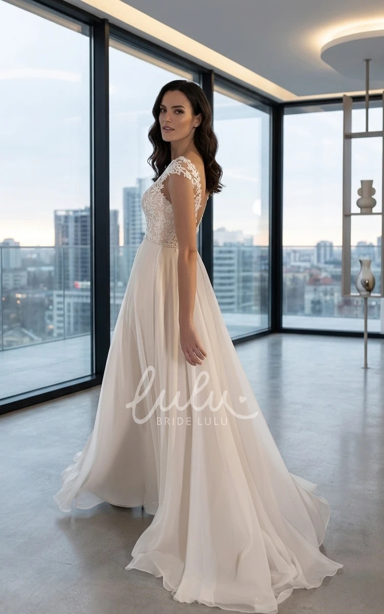 Floral A-Line Boho Lace Applique Spring Wedding Dress Romantic Elegant V-Back Beach Bridal Gown