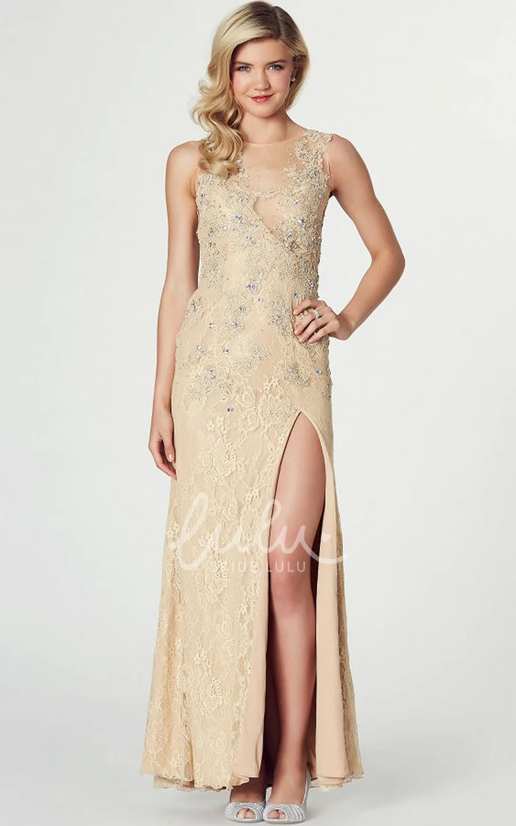 Lace Jewel-Neck Prom Dress with Beading and Split-Front