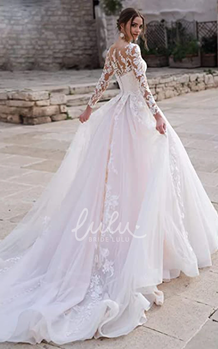 Lace Illusion Sleeve A-Line Plunging Neckline Wedding Dress with Appliques