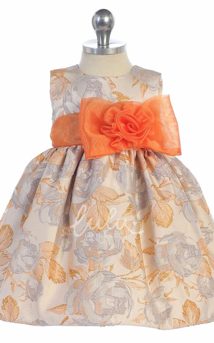 Floral Organza&Satin Tea-Length Flower Girl Dress with Bow Unique Wedding Dress