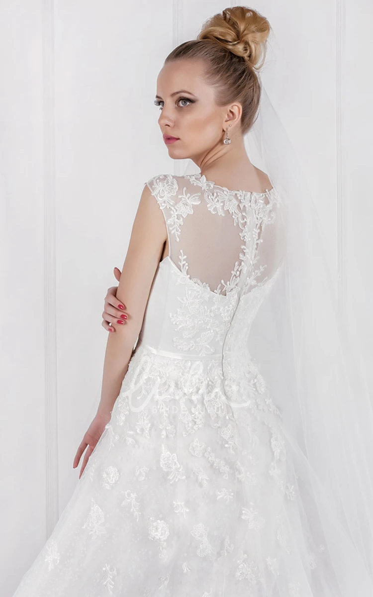 Appliqued Tulle A-Line Wedding Dress with Illusion Back