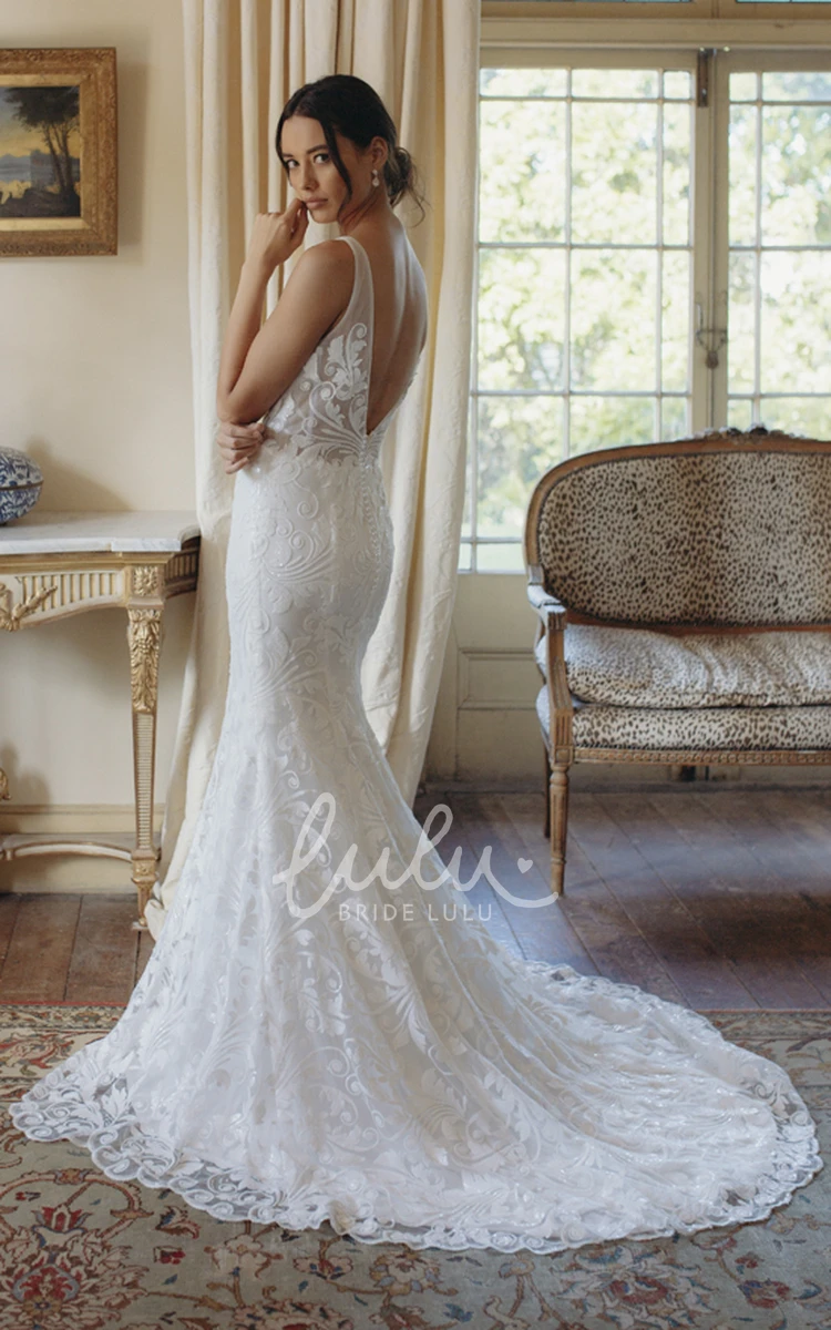 Mermaid Lace Wedding Dress with Deep V-Back and Court Train