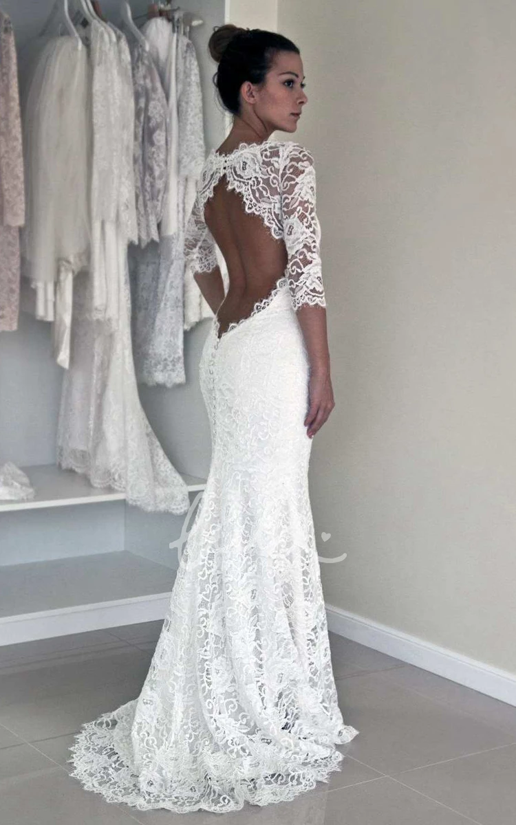 Illusion Sleeve Satin Lace Wedding Dress with Keyhole Modern Satin Lace Wedding Dress