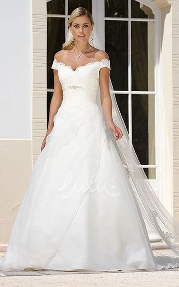 Off-The-Shoulder Appliqued Tulle&Satin Wedding Dress with Broach A-Line Draping