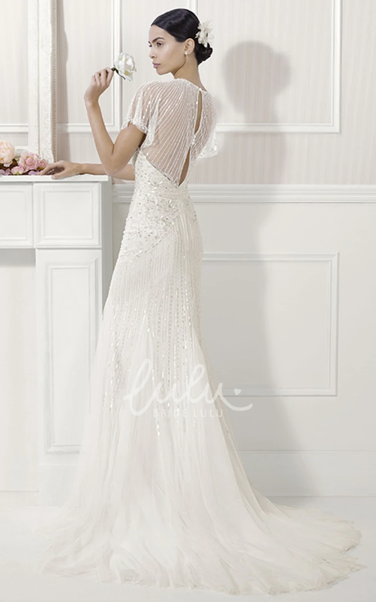 V-Neck Sheath Tulle Wedding Dress with Batwing Sleeves and Sequins