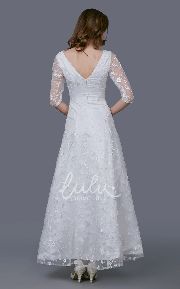 V-neckline Tea Length Gown with Illusion Sleeve and Embroidery Modern Wedding Dress