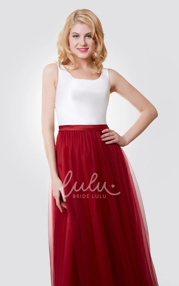 Color Block A-Line Tulle Bridesmaid Dress with Bateau Neck