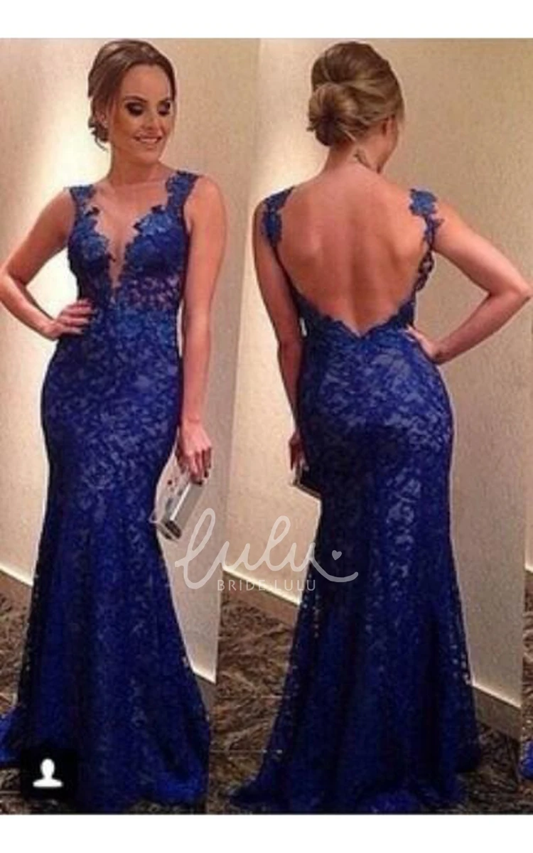 Royal Blue Full Lace Evening Dress with V-neck and Backless Design Modern Prom Dress