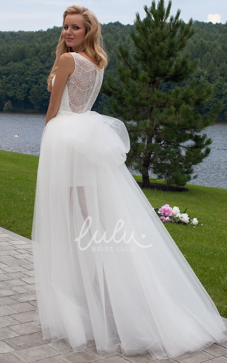 Lace Tulle Wedding Dress with Bow Square Floor-Length