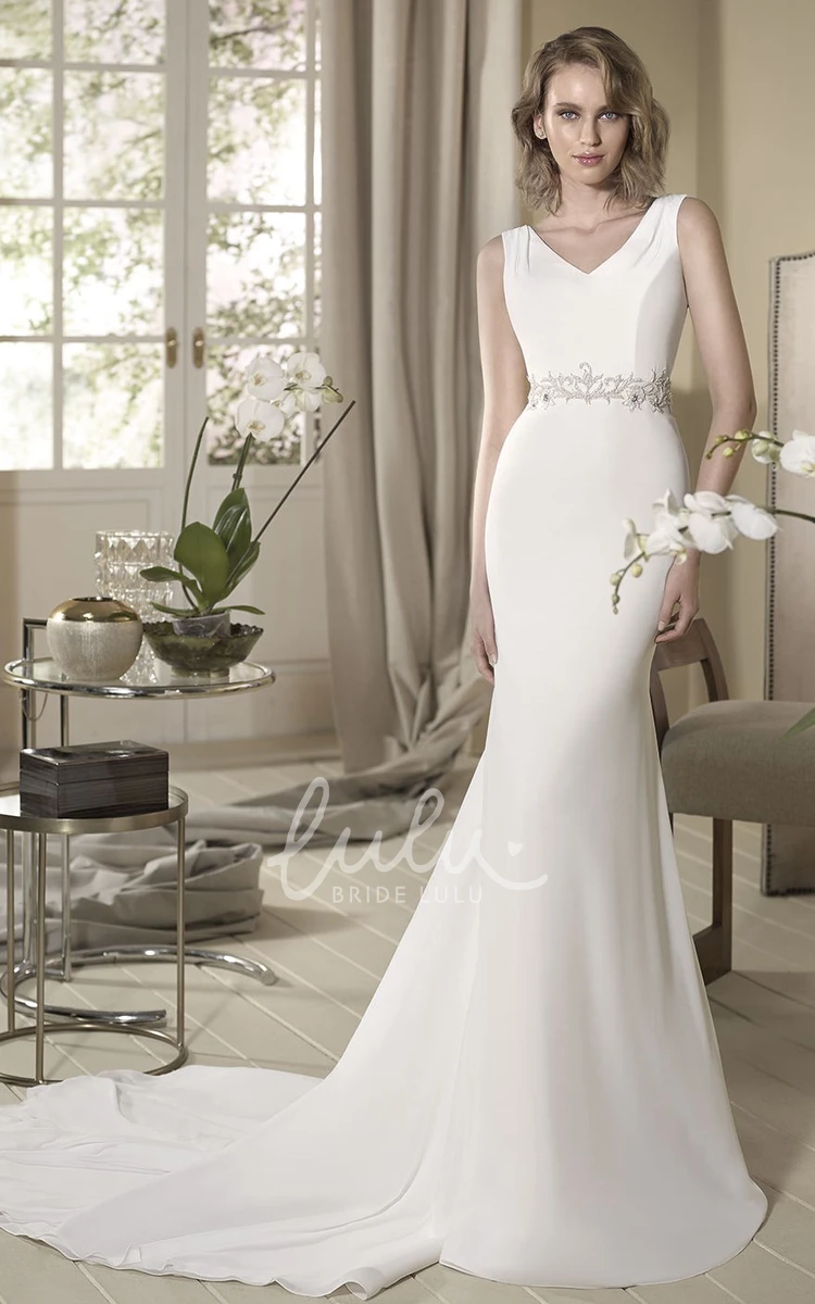 Jeweled V-Neck Sleeveless Long Wedding Dress with Appliques Sheath Style