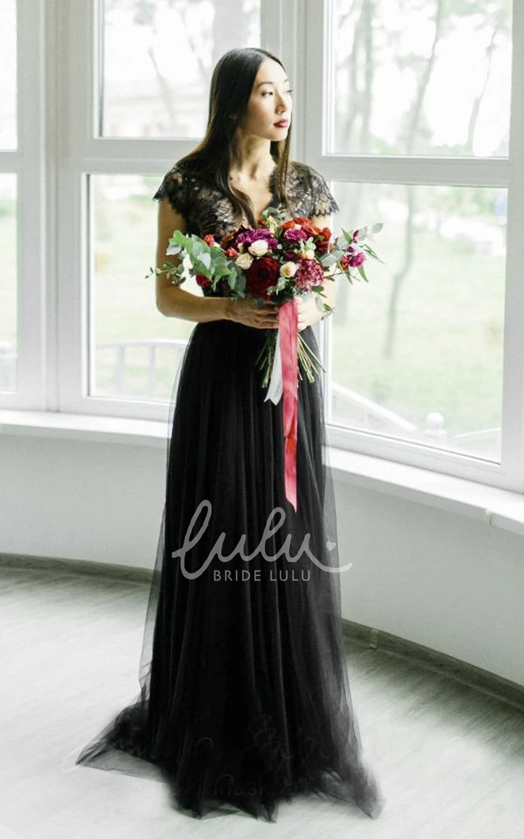 Sexy Black Lace Cap Sleeve Tulle Wedding Dress 