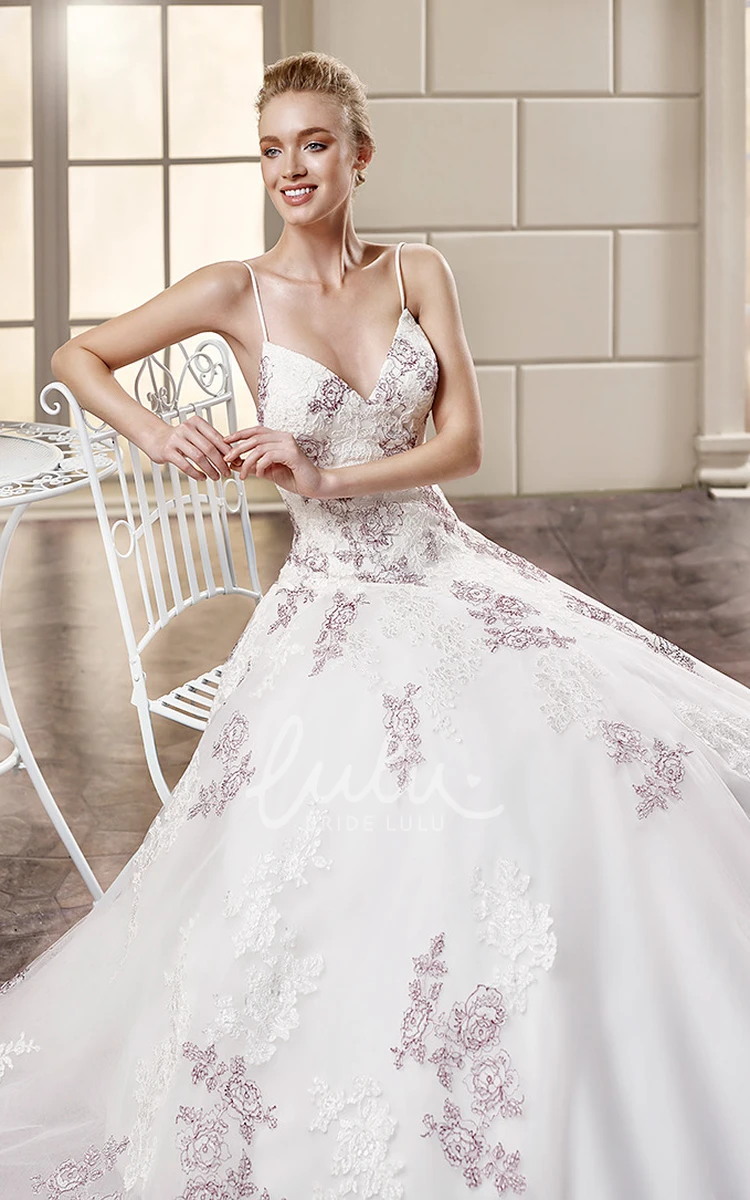 Lace Appliqued Spaghetti Strap Ball Gown Wedding Dress