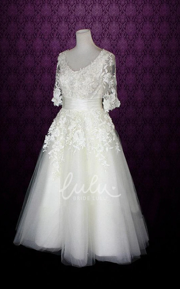 V-Neck Tulle Wedding Dress with Half Sleeves and Low-V Back