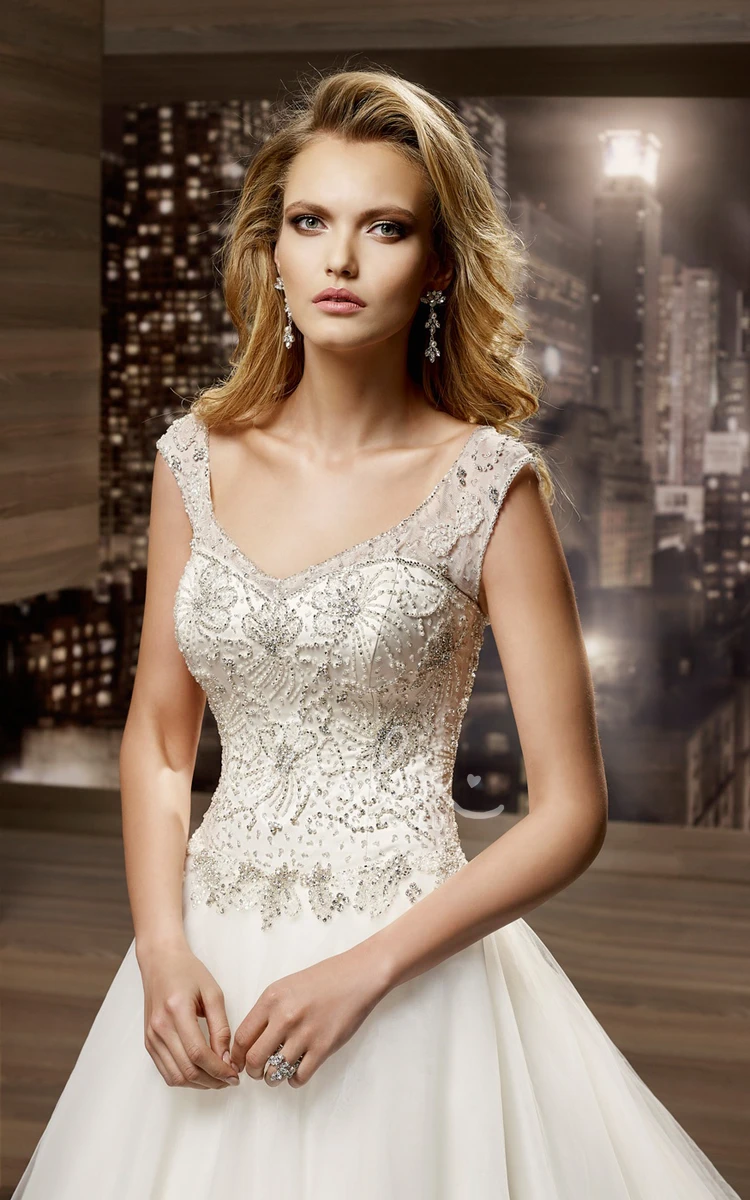 Beaded Cap Sleeve A-Line Wedding Dress with Brush Train