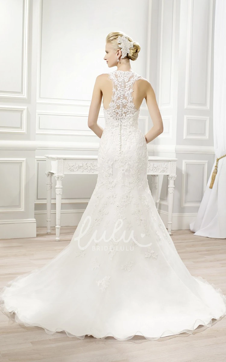 Trumpet Lace&Satin Wedding Dress with V-Neckline and Illusion Back Modern Bridal Gown