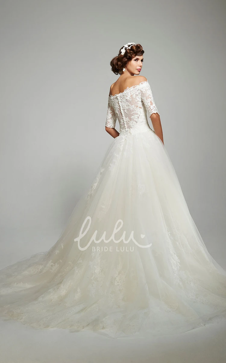 Off-The-Shoulder Ball Gown Wedding Dress Appliqued Short Sleeve Tulle