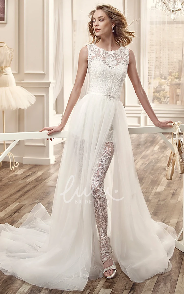 Tulle and Lace Jewel-Neck Wedding Dress with Side Split