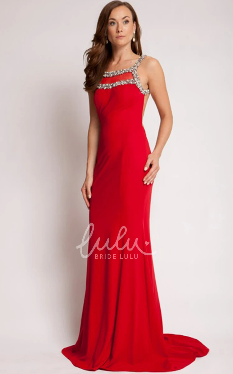 Beaded Square Sleeveless Jersey Prom Dress with Brush Train Elegant Sheath Style