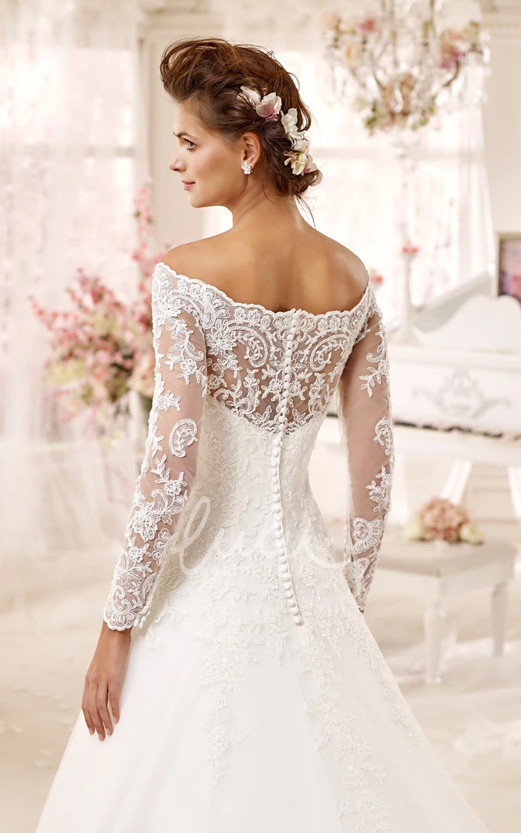 A-line Dress with Off-shoulder and Long Sleeves Adorned with Flowers Classy and Romantic