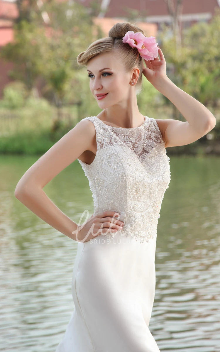 Sleeveless Sheath Satin Wedding Dress with Laced Top