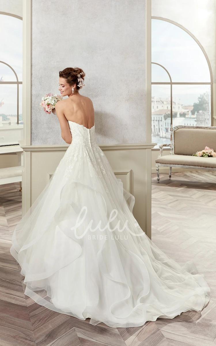 Asymmetrical Ruffles Strapless A-line Wedding Gown with Ruching and Appliques Chic Bridal Gown