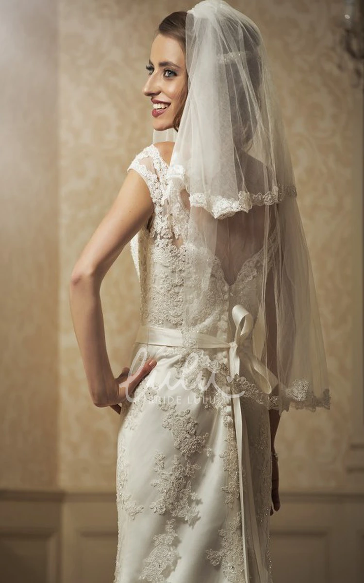 Lace Appliqued Cap-Sleeve Sheath Wedding Dress with Waist Jewelry and Bow Elegant Wedding Dress