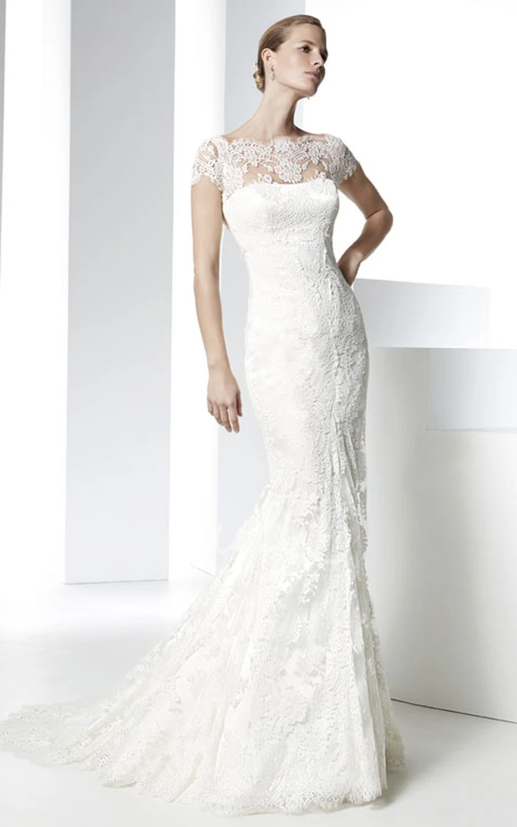 Cap Sleeve Lace Wedding Dress Mermaid Style with Bateau Neck and Court Train