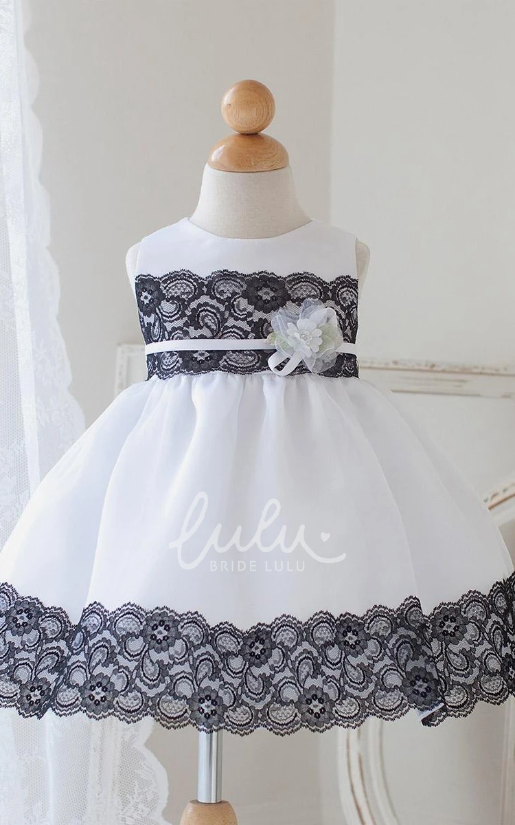 Lace Applique Floral Organza Flower Girl Dress Tea-Length with Sash