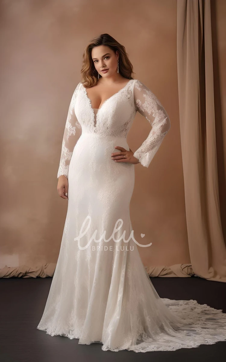 Romantic Plus Size Chiffon Mermaid Wedding Dress 2024 Long Sleeve Plunging Neckline Garden
