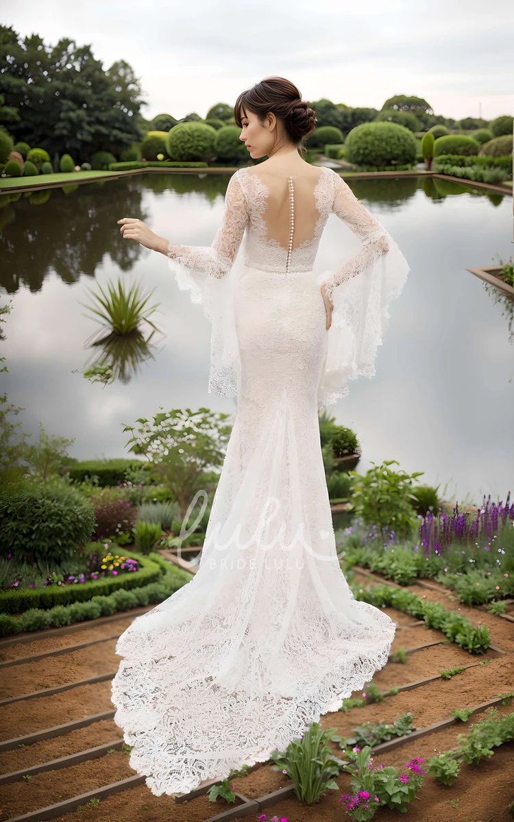 Mermaid Boho Lace Vintage Country Wedding Dress Floral Bell Sleeves Train Gown