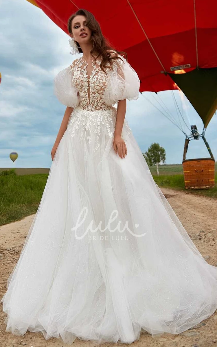 Tulle Court Train A-line Wedding Dress with Appliques Romantic and Dreamy