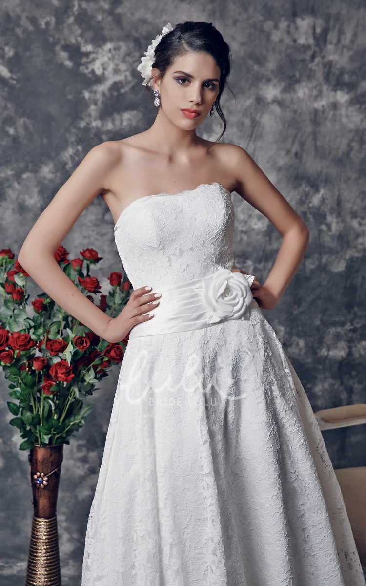 Ankle Length Lace Wedding Dress with Elegant Strapless Design and Flower