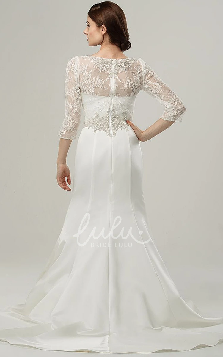 Satin Wedding Dress with Appliqued Scoop Neck & Sweep Train Maxi Length