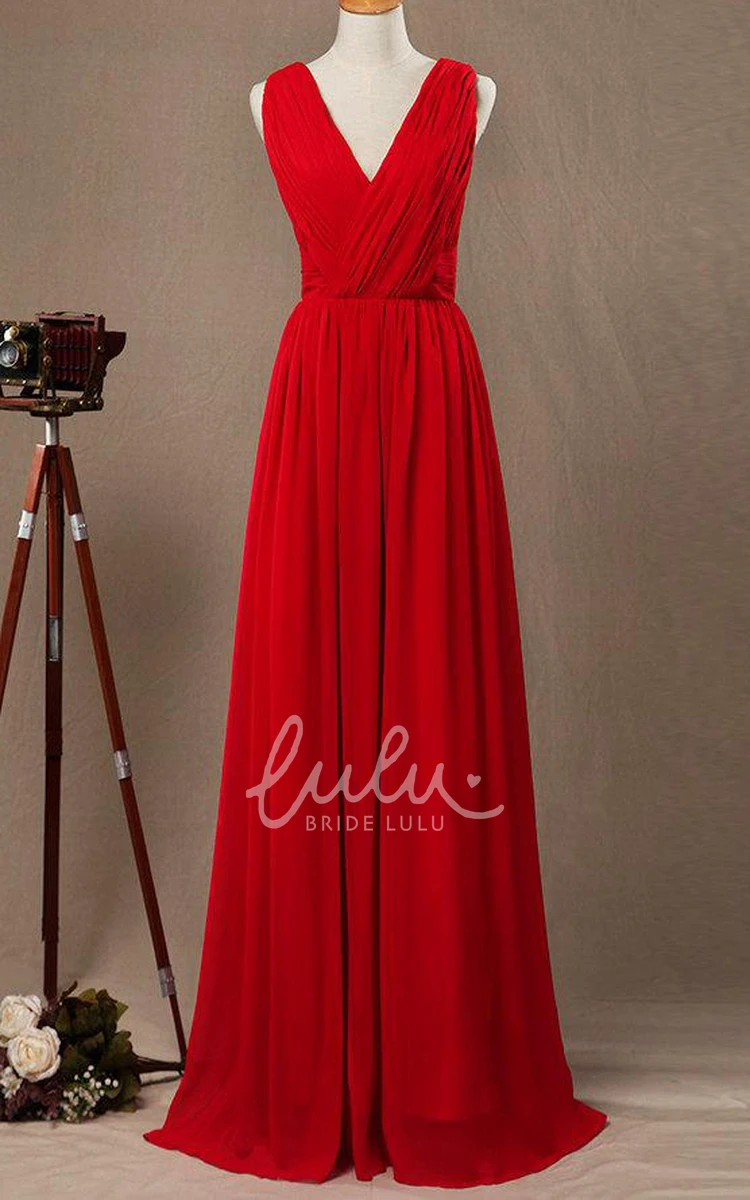 Chiffon and Satin V-Neck Dress with Criss Cross Floor-Length Bridesmaid Dress