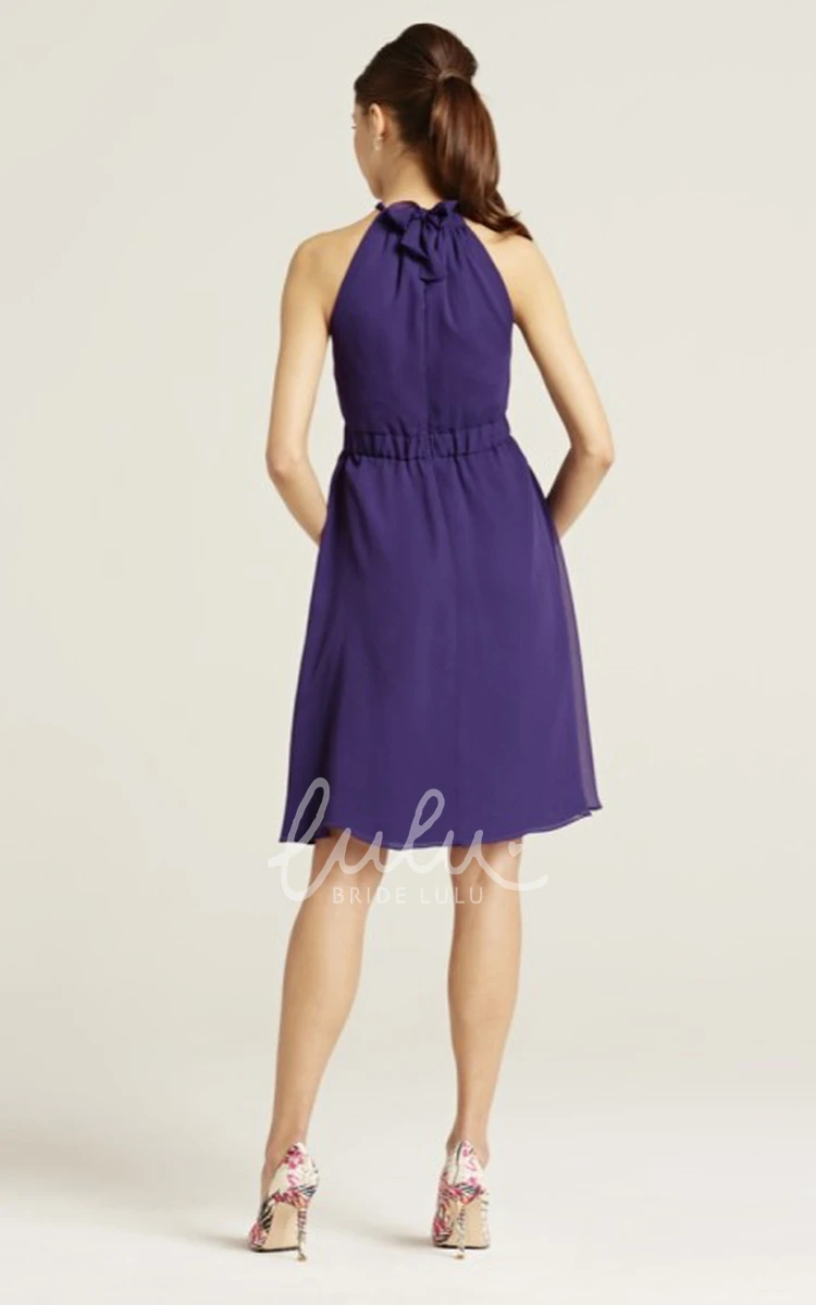 Halter Ruched Chiffon Bridesmaid Dress with Bow Knee-Length