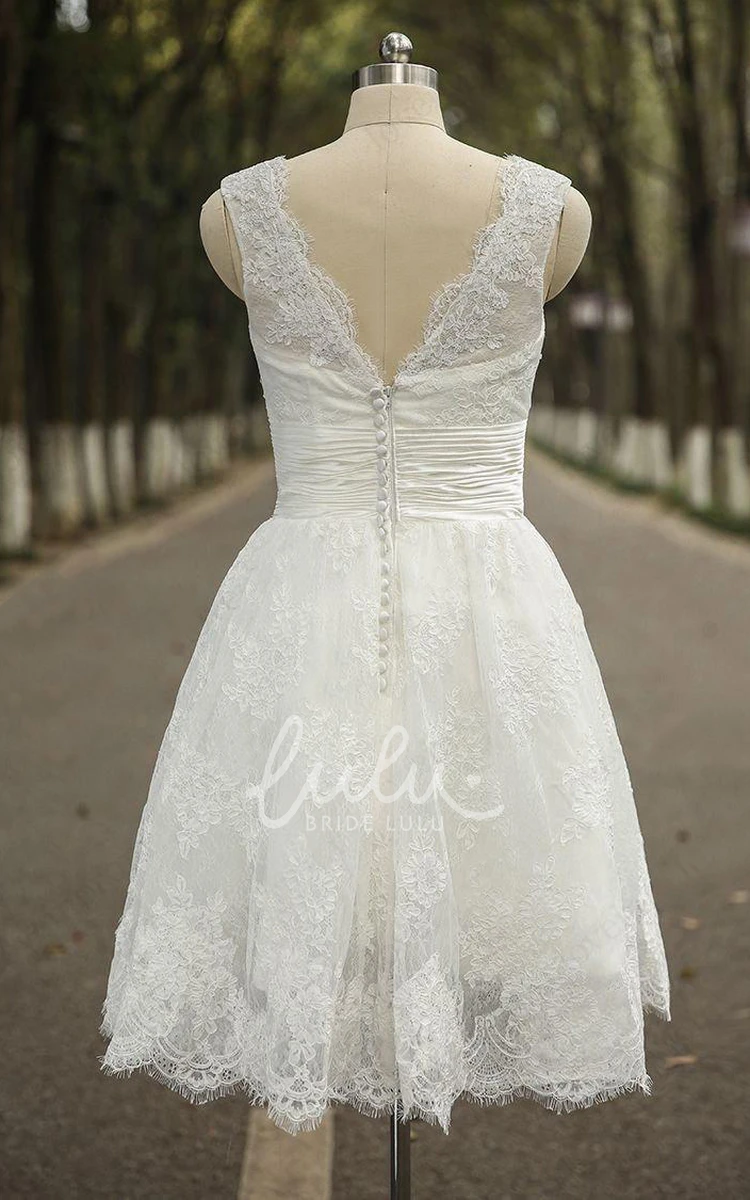 Lace A-line Wedding Dress with Ruched Bodice Jewel Neck Sleeveless Short