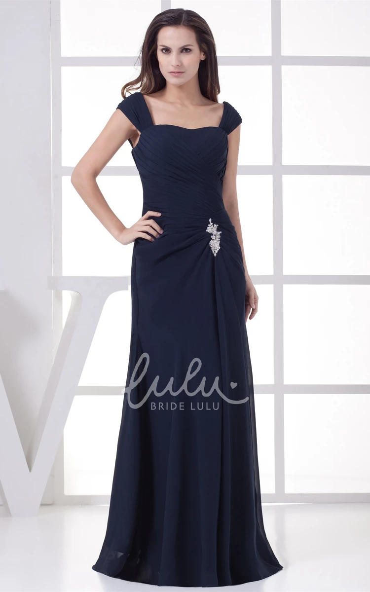 Chiffon Evening Dress with Broach Floor-Length Caped-Sleeve Formal Dress