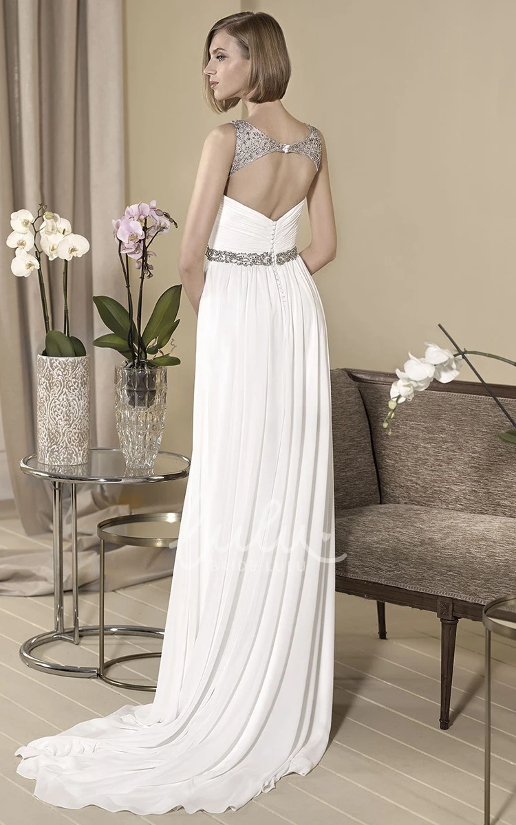 V-Neck Ruched Chiffon Wedding Dress with Waist Jewelry Sleeveless Sheath