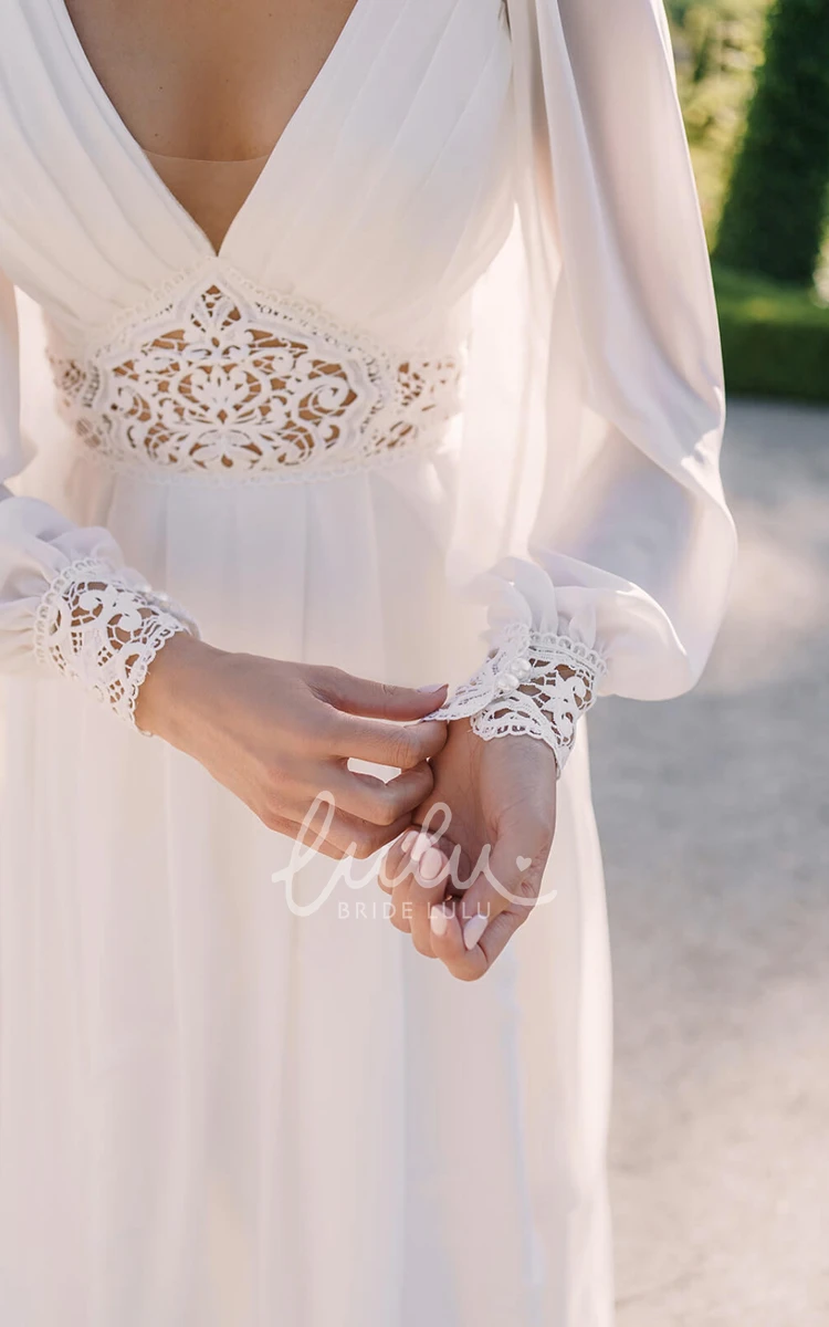 Vintage Plus Size Long Sleeve Flowy Bridal Dress White Rustic Chiffon A-Line for Older Women