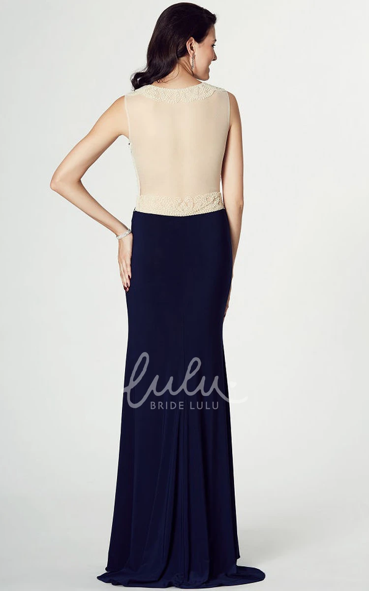 Jersey Sleeveless Prom Dress with Illusion Back and Beaded Scoop Neck Unique Evening Dress