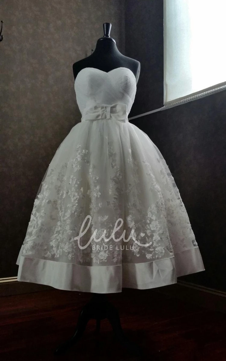 A-Line Tea-Length Wedding Dress with Applique and Bow Detail