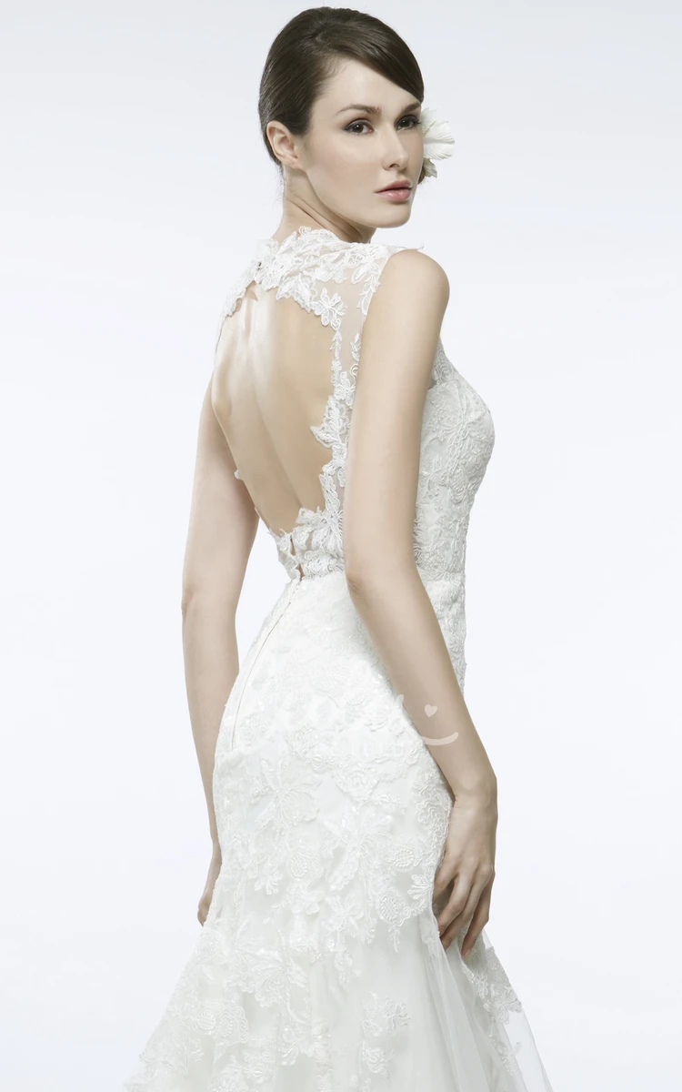 V-Neck Lace A-Line Wedding Dress with Keyhole Back and Sweep Train