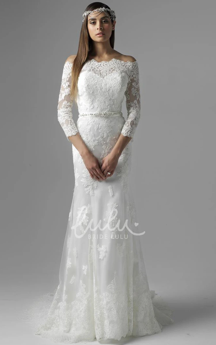 Off-The-Shoulder Lace Wedding Dress with Jeweled Detail 3/4 Sleeves and Floor-Length