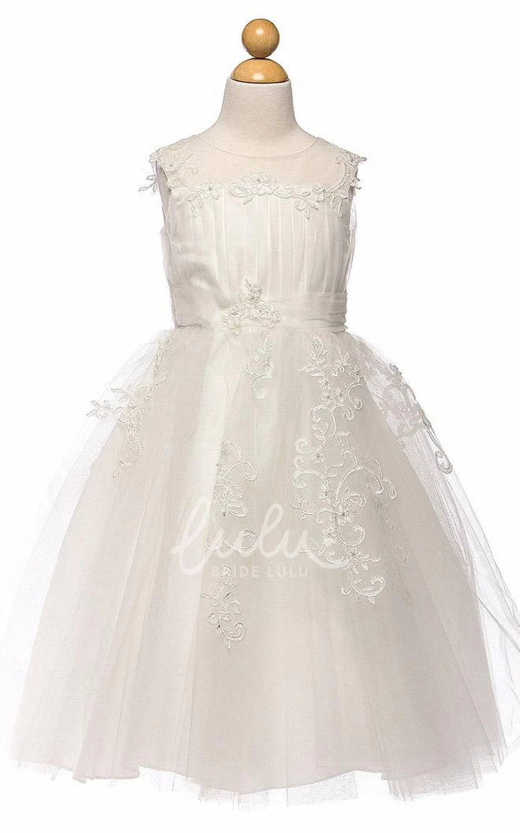 Embroidered Tulle Flower Girl Dress with Split Front Tea-Length