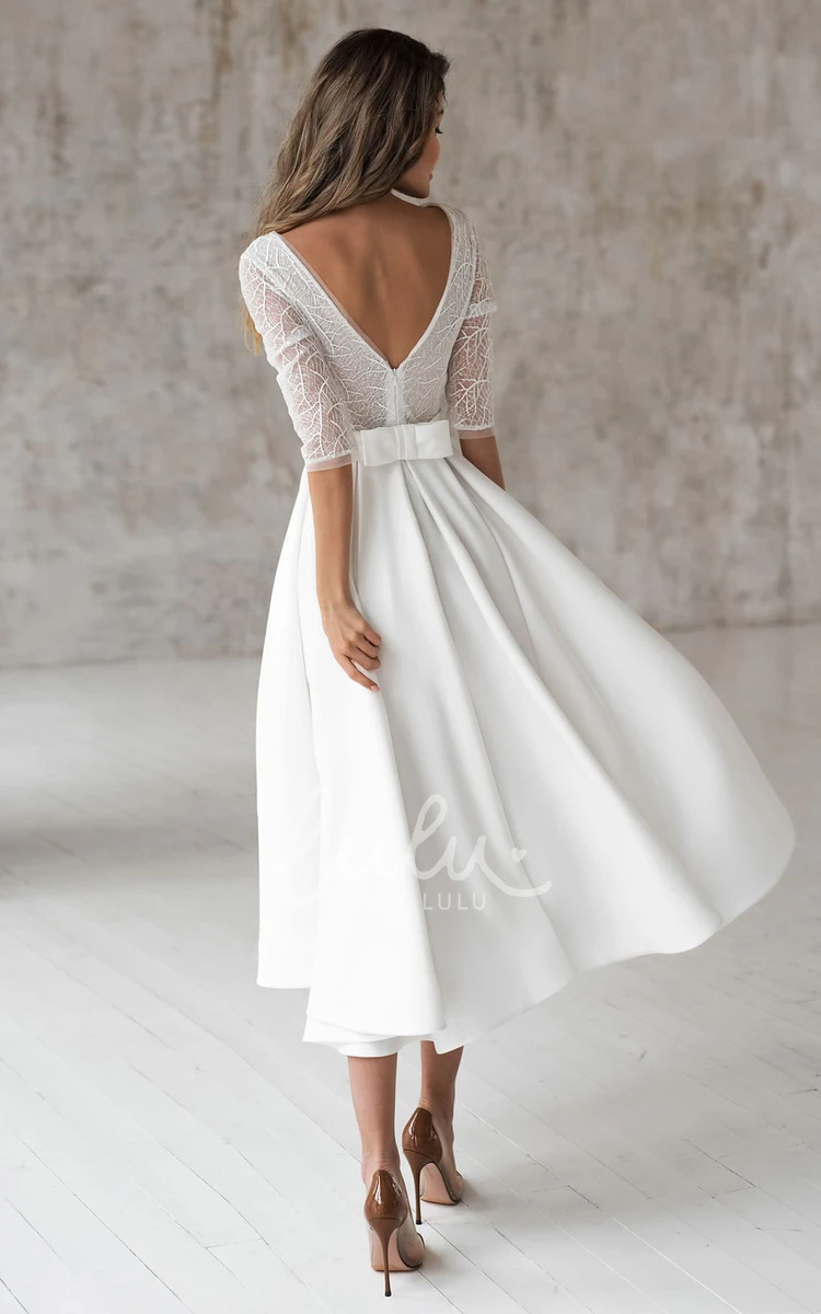 Modern Satin V-neck Wedding Dress with Ruching and Sash A-line Tea-length