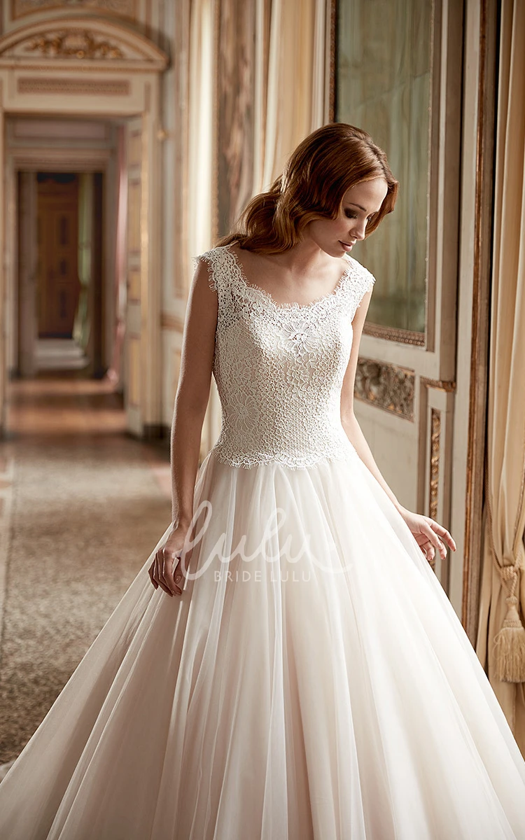 Maxi Tulle Ball Gown Wedding Dress with Cap Sleeves and Pleats at Scoop Neck