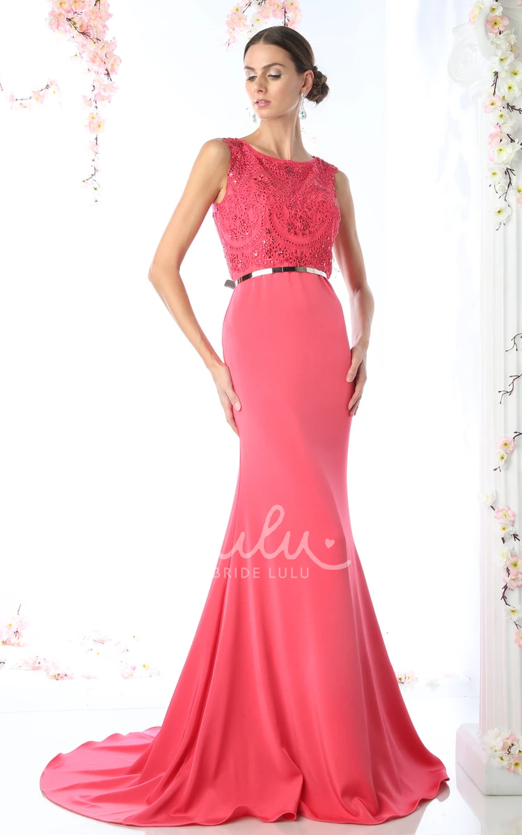 Beaded Sheath Jersey Illusion Prom Dress with Scoop-Neck and Long Length