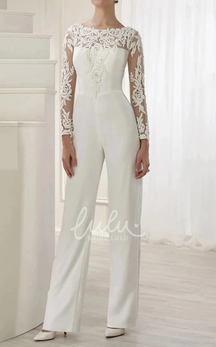 Satin Two-Piece Wedding Dress Illusion Sleeves Elegant Garden Jumpsuit